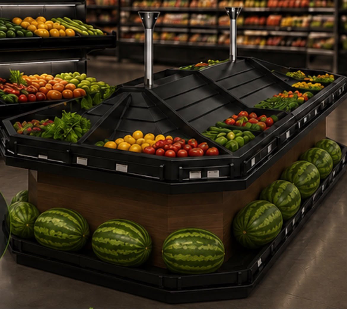 Expositor abastecido com frutas, legumes e verduras